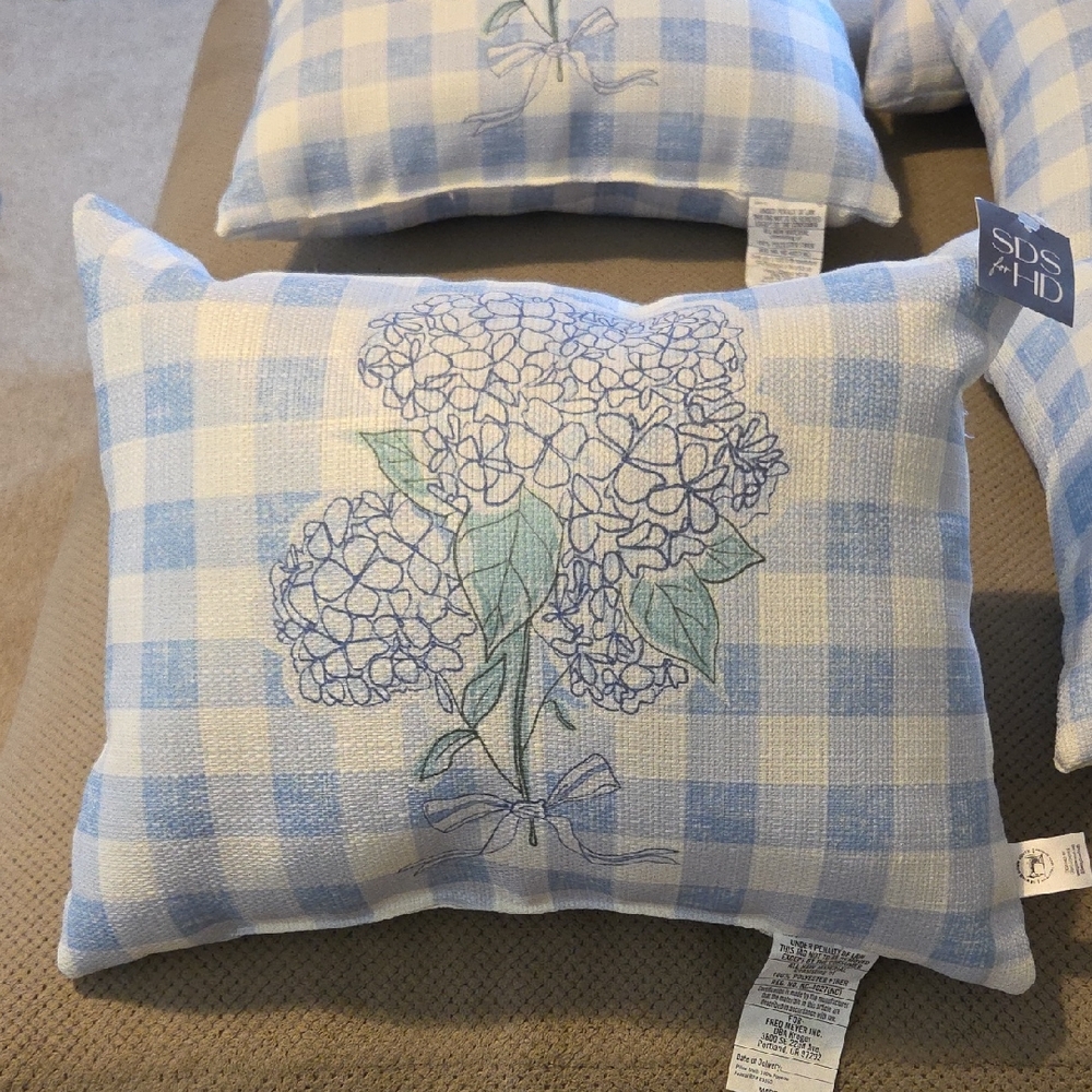 Blue Checkered Floral Throw Pillow